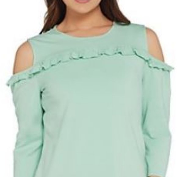Denim & Co 3/4 Sleeve Cold Shoulder Top w/ Ruffle - Picture 3 of 3